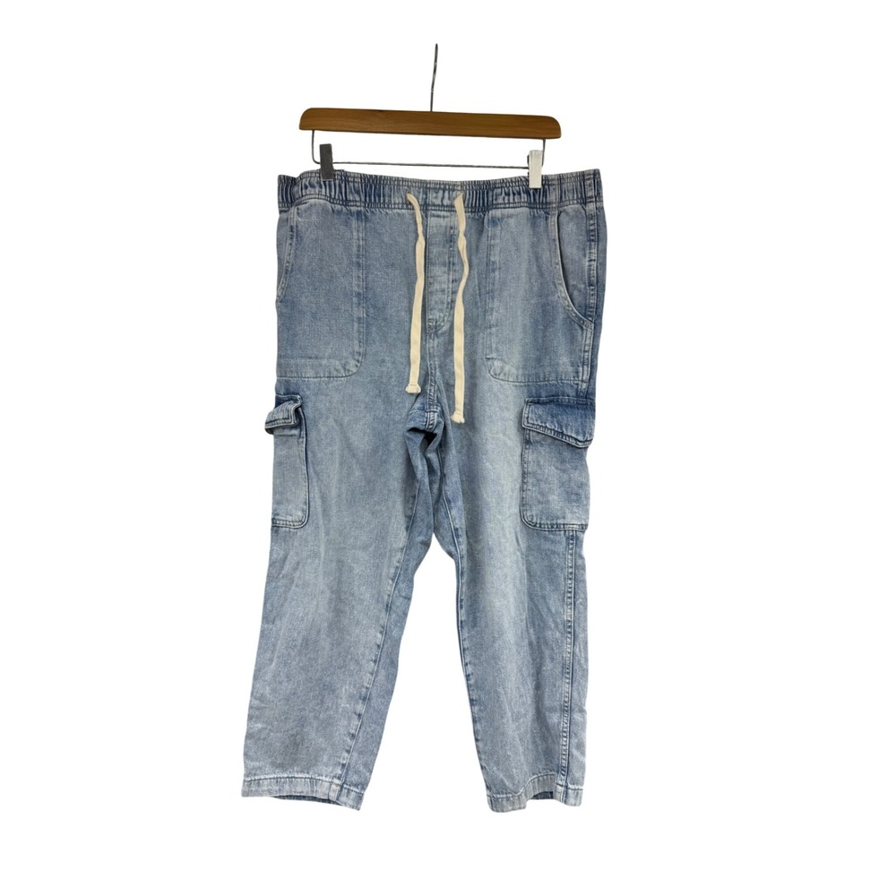 Gap‎ Denim Easy Jean Cargo Pants Light Wash Blue Elastic Waist Cotton Womens L